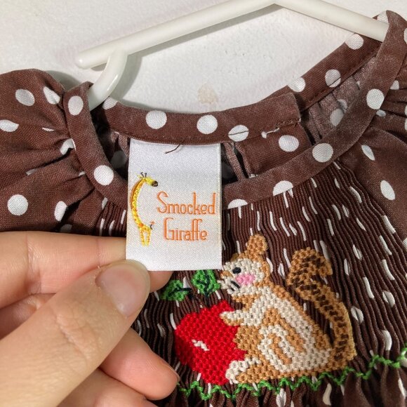 Toddler‎ Girls Smocked Giraffe Embroidered Dress Polka Dots Squirrel Apple12M - Picture 4 of 5